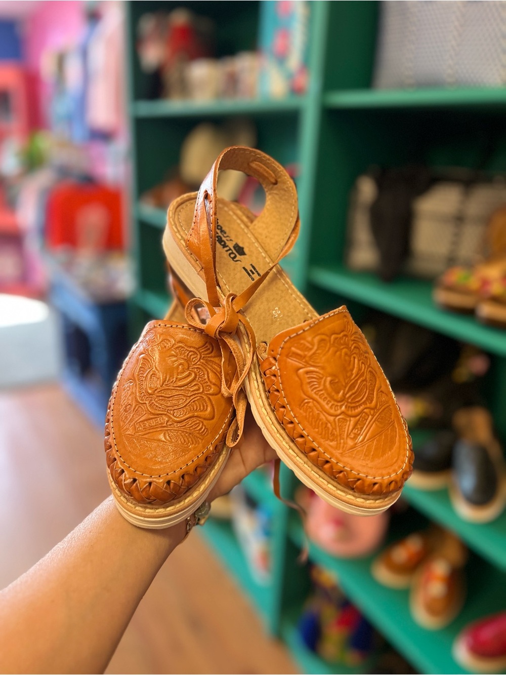 Women's Tan Leather Embossed Sandals - Classic Handcrafted Style